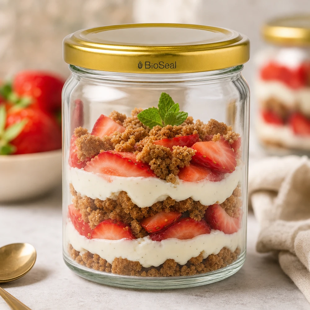 UNiTWIST Runda408 vaso da dessert con coperchio dorato TO82 BioSeal per dessert a strati di tiramisù alla fragola con panna