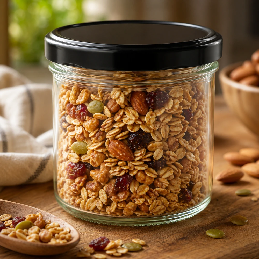 Bicchieri da 125 ml con coperchio nero riempiti con mix di noci e frutta secca Barattolo di conservazione Cucina