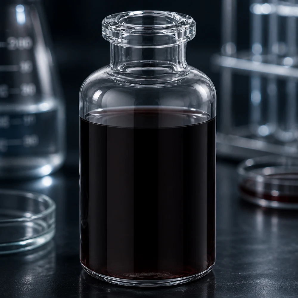 Injektionsflasche Klarglas 20ml Medizinische Klarglas Injektionsflasche 20ml mit dunkelbrauner Substanz in professioneller Laborumgebung