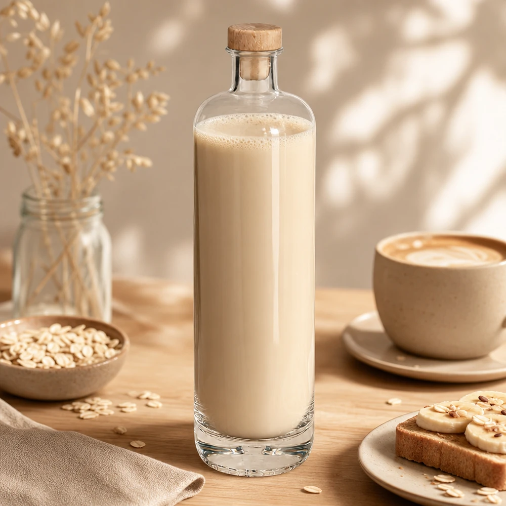 Bottiglia in vetro da 700 ml di Ella con crema di latte d'avena e tappo in legno, in un'accogliente scena di colazione con fiocchi d'avena.