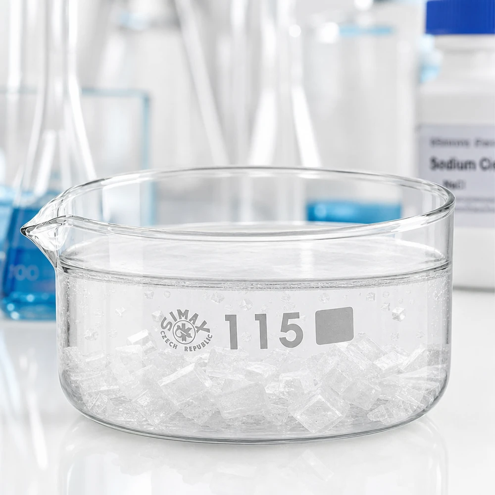 Coupelle de cristallisation 500 ml avec bec verseur Coupelle de cristallisation de 500 ml avec bec verseur, remplie de cristaux blancs, diamètre 115 mm, verrerie de laboratoire