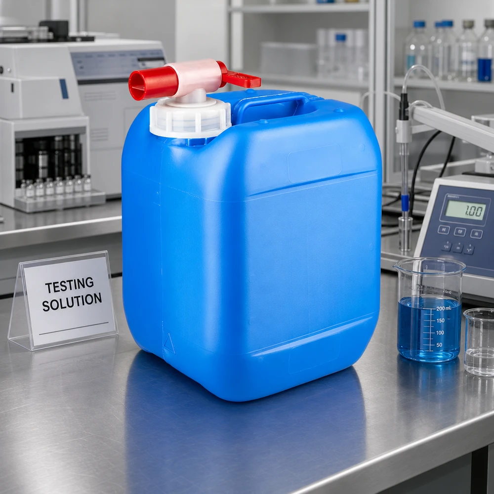 Blauer Stapelkanister 5 Liter mit Auslaufhahn zur sicheren Lagerung von Testlösungen