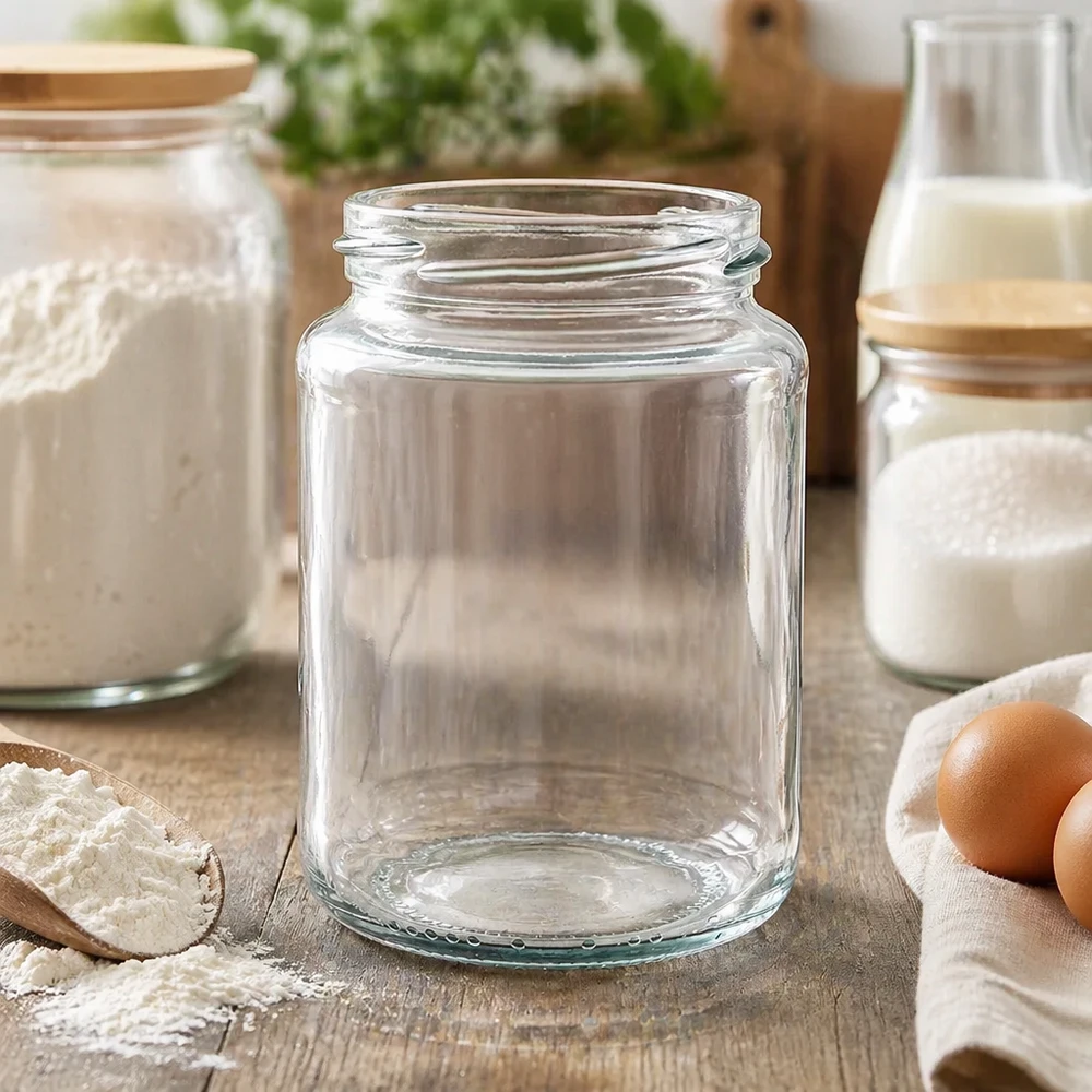 UNiTWIST Runda382 Rundglas 382ml TO66 leeres Einmachglas auf Holztisch mit Küchenutensilien und Eiern im Hintergrund