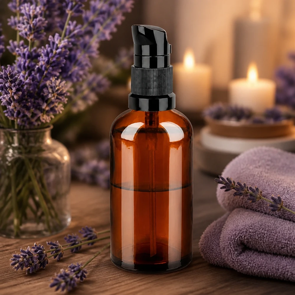 Flacone professionale a pompa da 100 ml in marrone ambrato con dispenser nero per trattamenti spa
