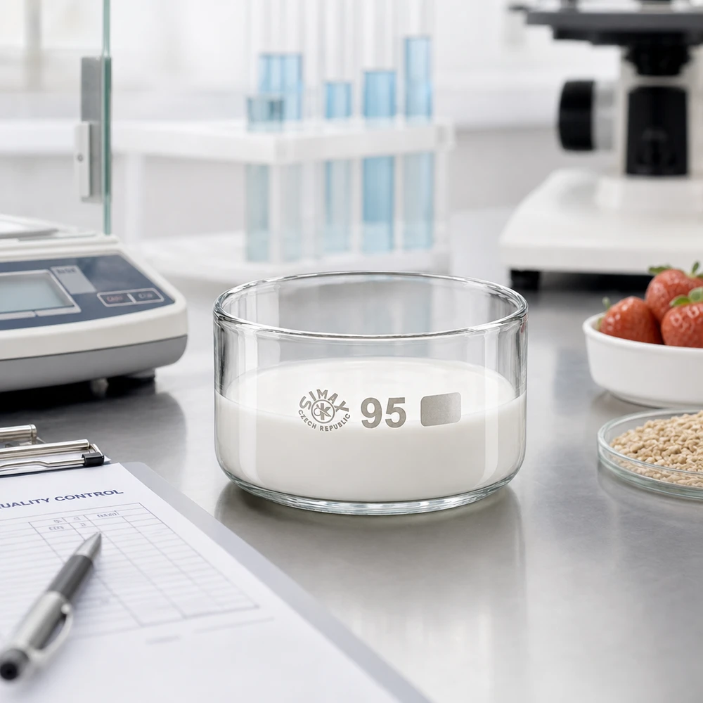 Piatto per cristallizzazione da 300ml senza beccuccio Bo. ø95mm Polvere bianco latte nella vaschetta di cristallizzazione Simax da 300 ml per il controllo della qualità degli alimenti, laboratorio, 95 mm