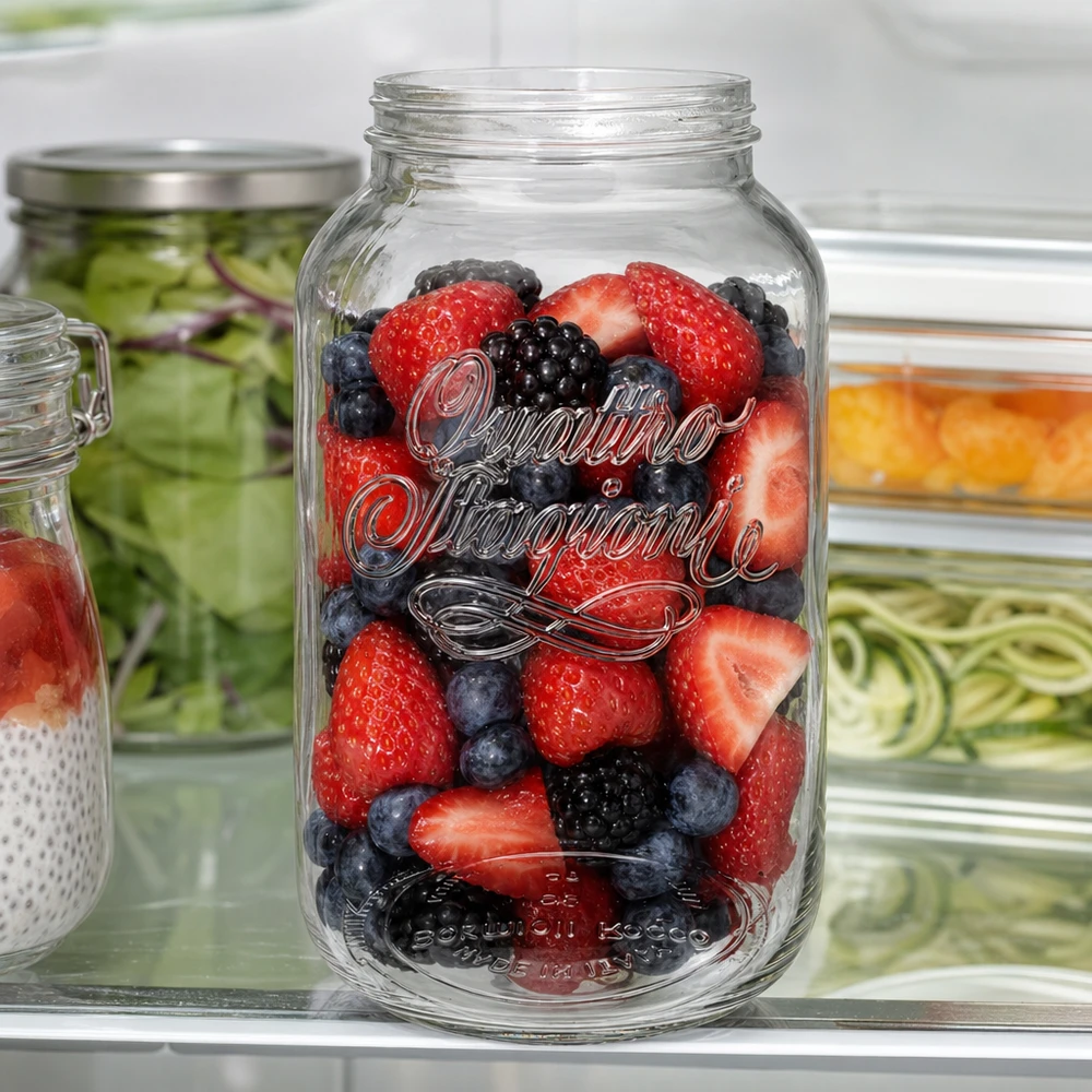 Vaso domestico "Quattro Stagioni" da 3800 ml Vaso casalingo Quattro Stagioni da 3800 ml riempito di frutti di bosco freschi in frigorifero come contenitore per la frutta