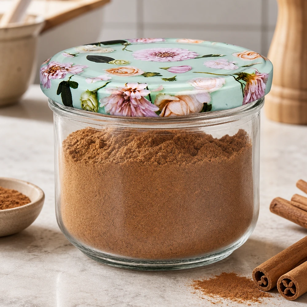 260ml Sturzglas + BasicSeal Deckel Blume mint UNiTWIST 260ml Sturzglas mit BasicSeal Blumendeckel gefüllt mit Zimt-Gewürzpulver, Zimtstangen als Dekoration auf Küchentheke