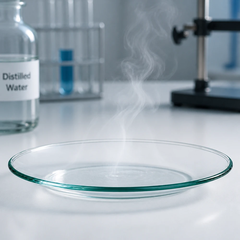 Guarda il piatto di vetro da 80 mm con vapore ascendente mostra l'applicazione termica in laboratorio