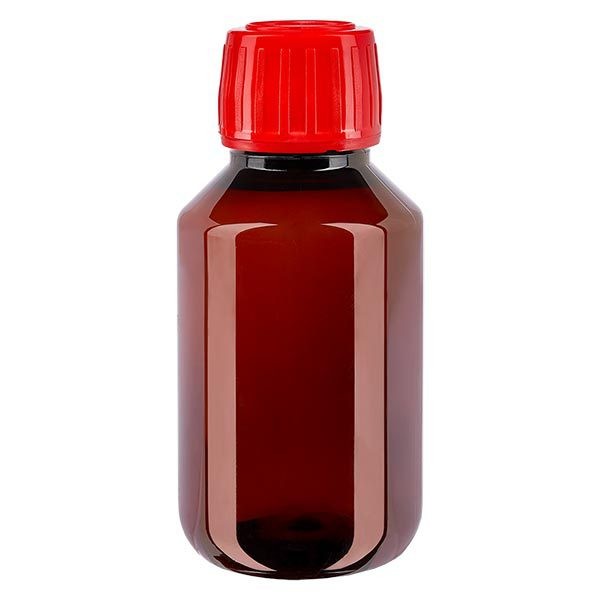 Bottiglia in PET da 100 ml con tappo rosso OV Bottiglia in PET da 100 ml con tappo rosso OV