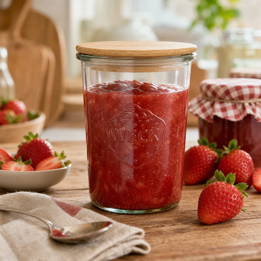 850ml Sturzglas WECK RR100 mit Holzdeckel WECK Einmachglas 850ml mit Erdbeermarmelade befüllt Holzdeckel Küchenszenerie frische Erdbeeren Dekoration