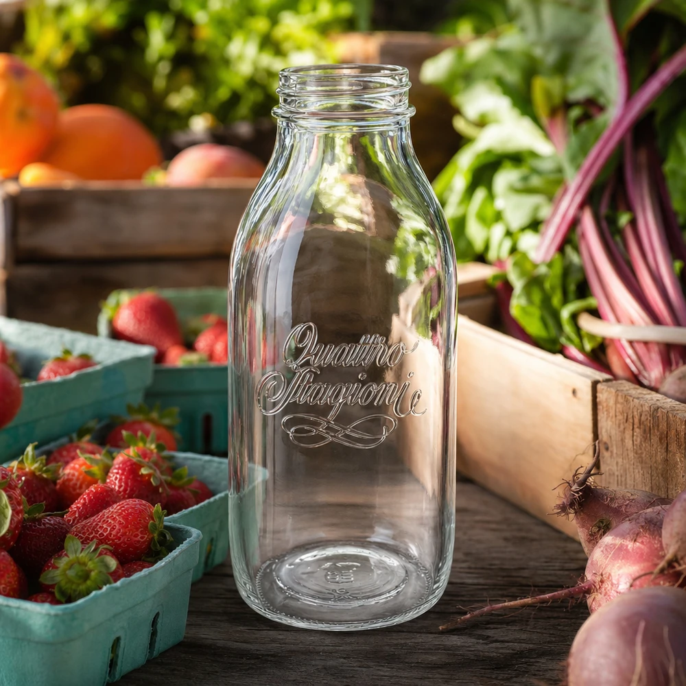 Bottiglia a collo largo "Quattro Stagioni" da 1000 ml Quattro Stagioni bottiglia di vetro a bocca larga da 1000 ml su un tavolo di legno con fragole e verdure fresche sullo sfondo