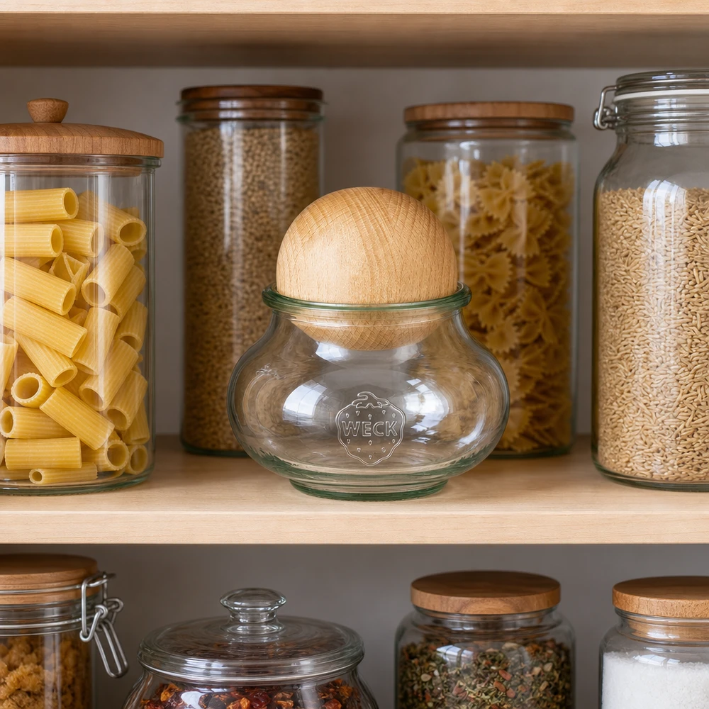 Vaso per gioielli WECK RR80 da 560 ml con sfera in legno di faggio WECK vaso 560ml RR80 faggio coperchio a sfera in dispensa con pasta riso lenticchie cucina organizzata stoccaggio