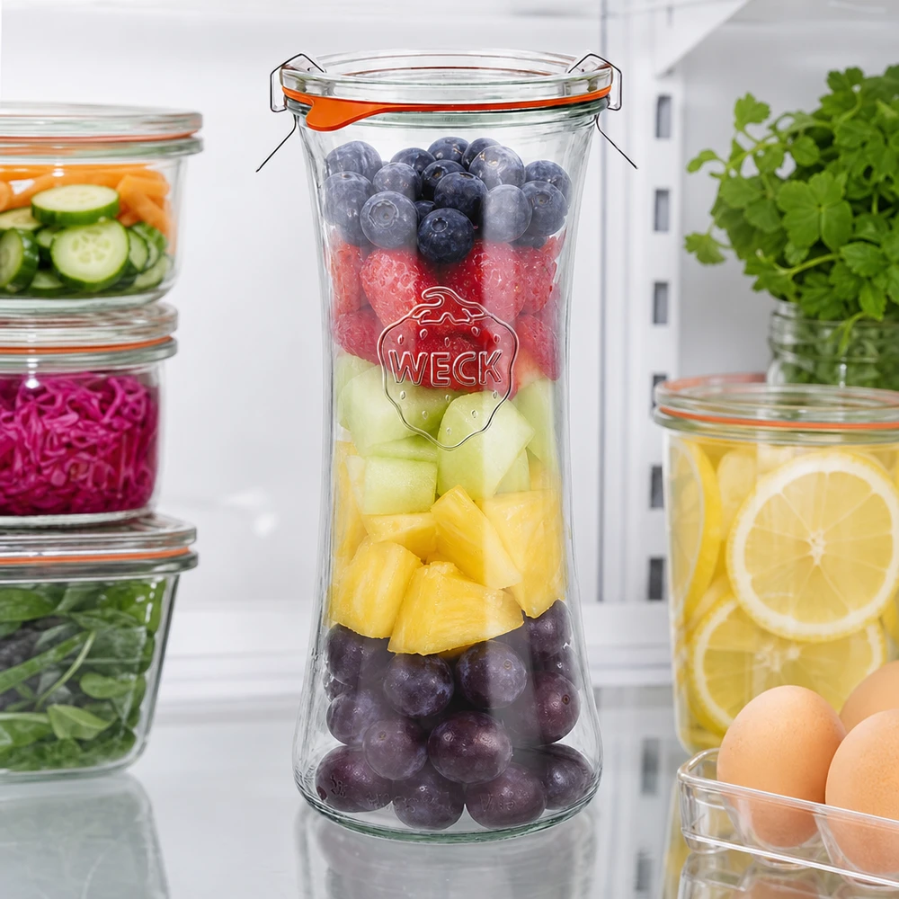 WECK vaso da gastronomia 700ml RR80 riempito con macedonia colorata, vaso da conserva con tappo a battente per frutta fresca