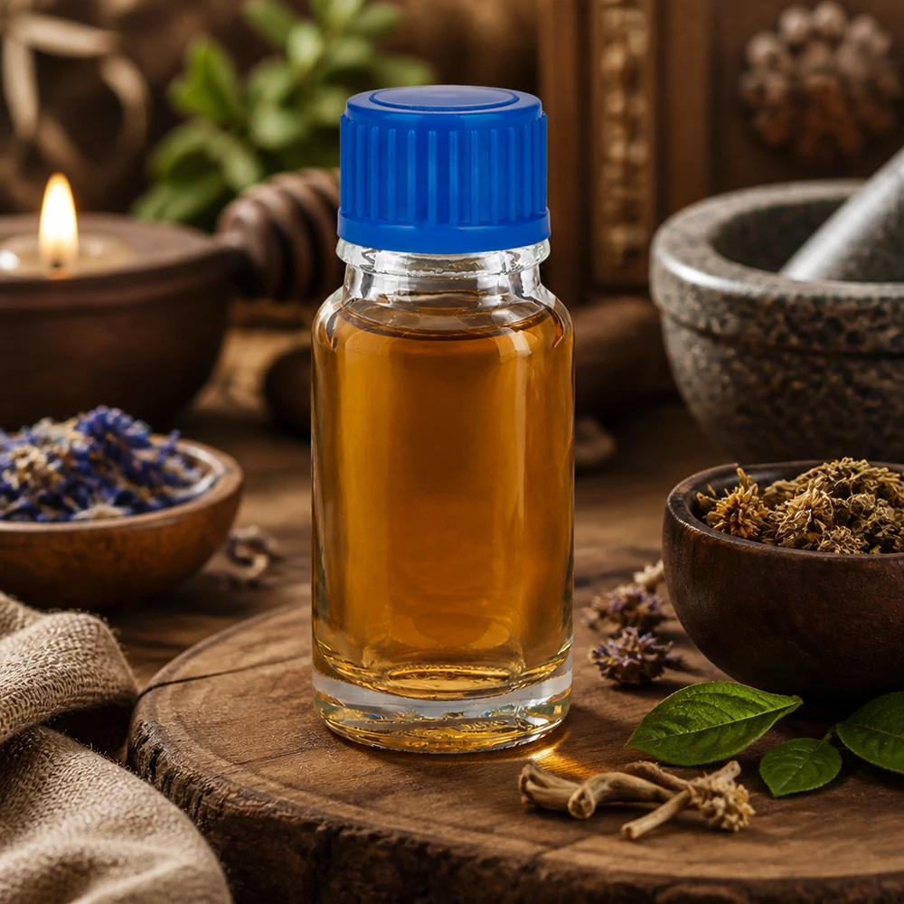 Flacon de 10ml 11mm SV bleu STD ClearLine UT18/10 Flacon en verre transparent de 10 ml avec bouchon bleu SV 11 mm ClearLine UT18/10, rempli d'huile essentielle dorée