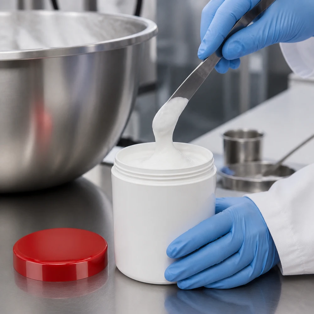 Pot à pommade cylindrique de 100 g en polypropylène blanc avec un couvercle à vis rouge