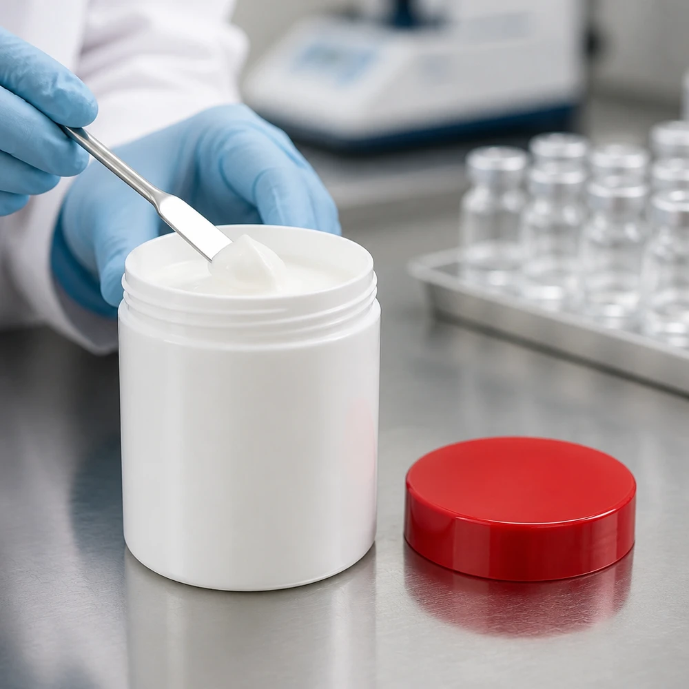 Pot cylindrique blanc en PP de 75 g avec couvercle rouge pour préparations pharmaceutiques