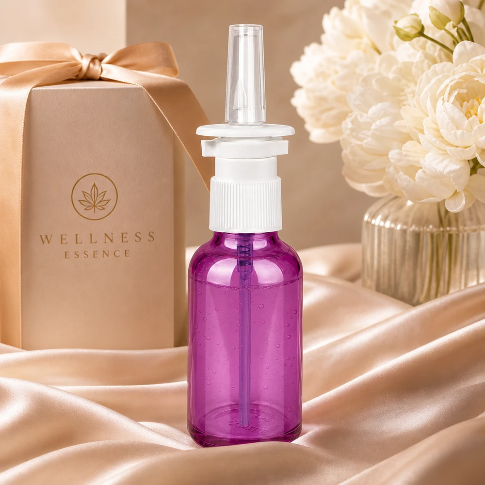 30ml Nasensprayflasche weiß/transparent Standard PurpleLine. UT18/30 30ml Nasenspray-Container in transluzent Purple mit ergonomischer Form für komfortable Anwendung