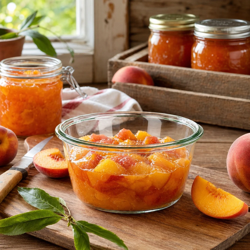 Vasetto gourmet da 290 ml WECK RR100 WECK RR100 Barattolo gourmet da 290 ml pieno di marmellata di pesche su una tavola di legno accanto a pesche fresche in una cucina rustica