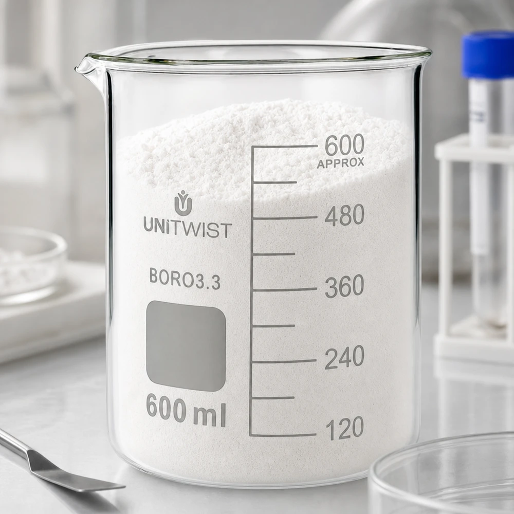 Bicchiere da 600 ml in borosilicato, stampo basso UNiTWIST Bicchiere da laboratorio UNiTWIST da 600 ml, riempito con polvere bianca oltre il segno dei 600 ml, in borosilicato