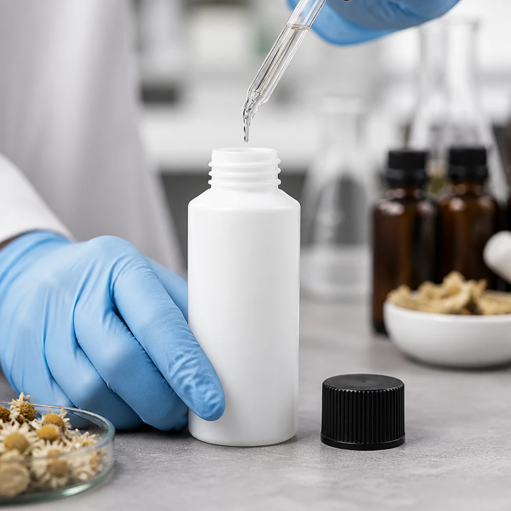 Emballage pharmaceutique de 30 ml en HDPE blanc avec bouchon SV noir pour gouttes et solutions