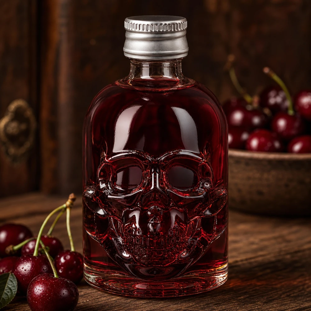 Bottiglia di vetro Hector da 50 ml con liquido rosso ciliegia e tappo argentato tra ciliegie fresche su un tavolo di legno