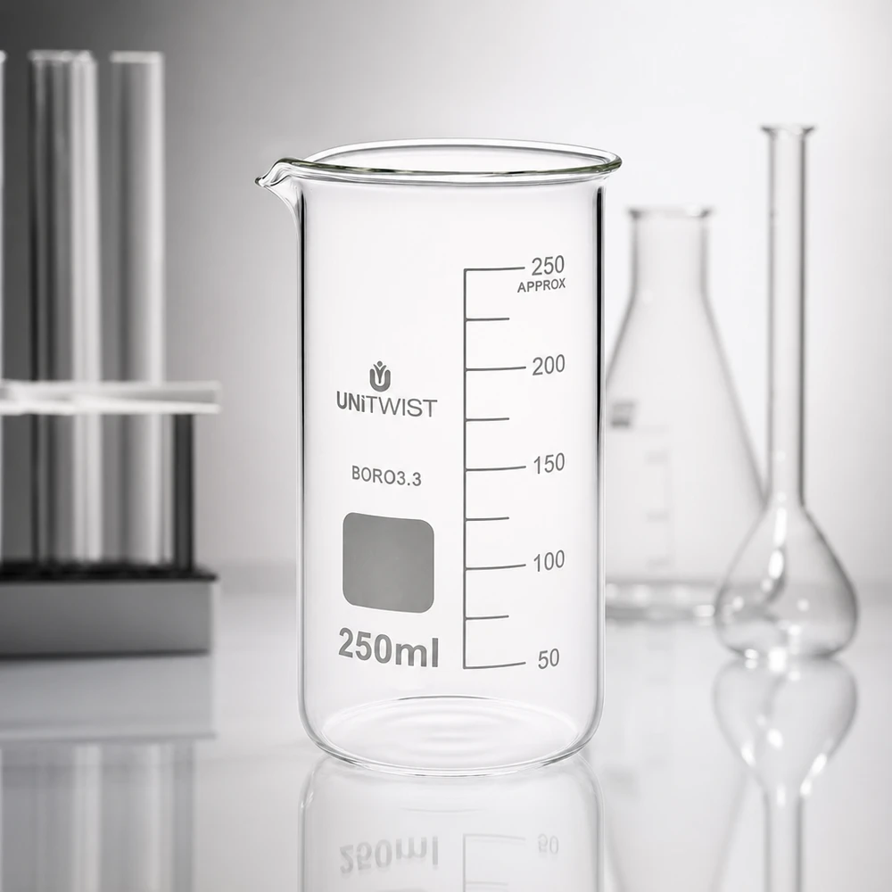 Bicchiere 250ml borosilicato, stampo alto UNITWIST Vaso di vetro UNITWIST da 250 ml, forma alta, in borosilicato, con scala di misurazione, accanto a un matraccio di Erlenmeyer in laboratorio