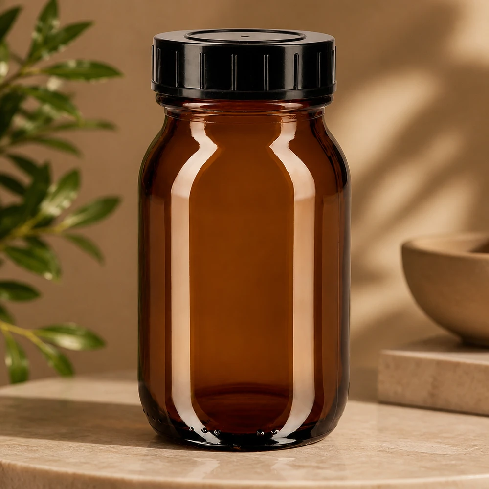 Flacone da farmacia da 100 ml in vetro ambrato con protezione dai raggi UV e coperchio nero a tenuta stagna