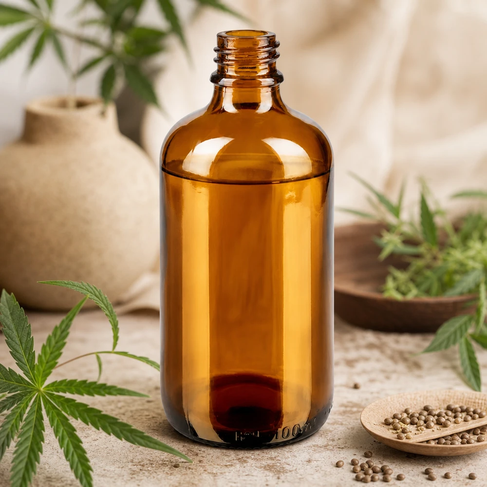 Bottiglia da farmacia marrone da 100 ml ApoGlas con piante di canapa e semi di coriandolo su tavolo di legno
