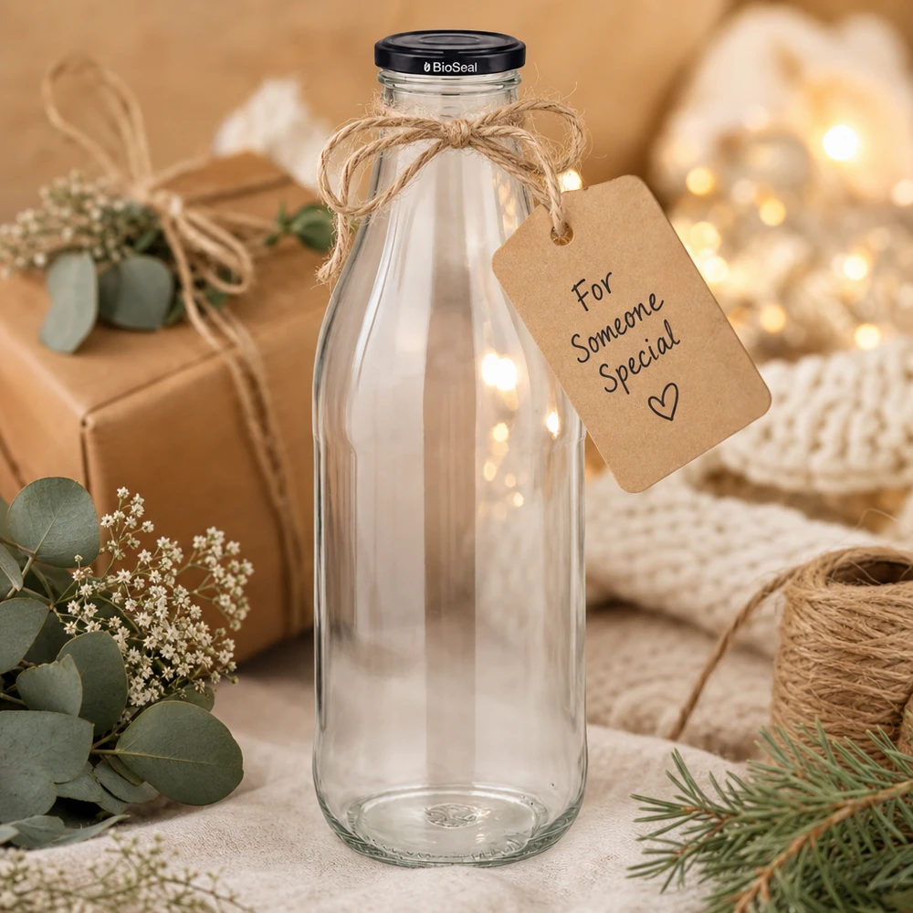 1000ml Glasflasche + BioSeal Deckel schwarz UNiTWIST 1000ml Glasflasche mit schwarzem Deckel Geschenkverpackung Juteschnur Anhänger Dekoration nachhaltig umweltfreundlich