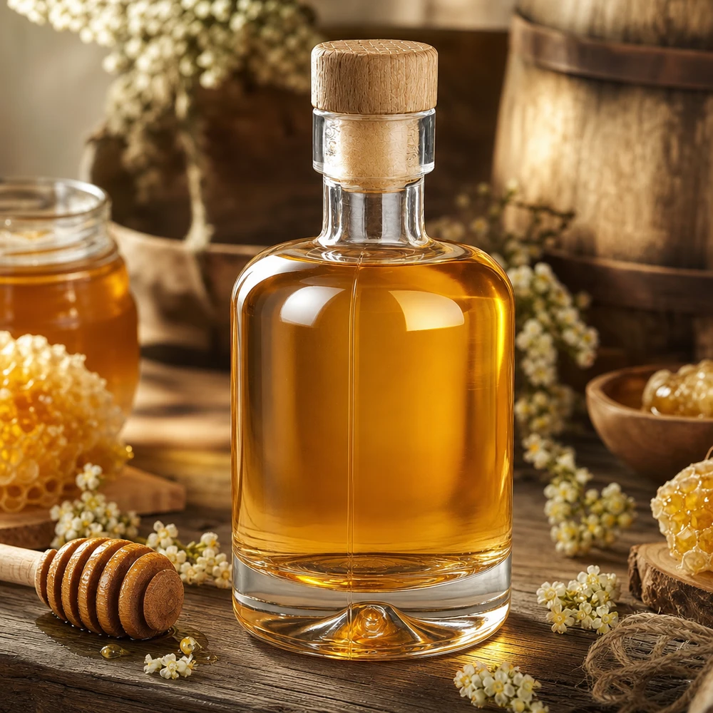 Bottiglia in vetro da 50 ml di Amelie riempita di miele e circondata da miele in favo e fiori secchi rustici.