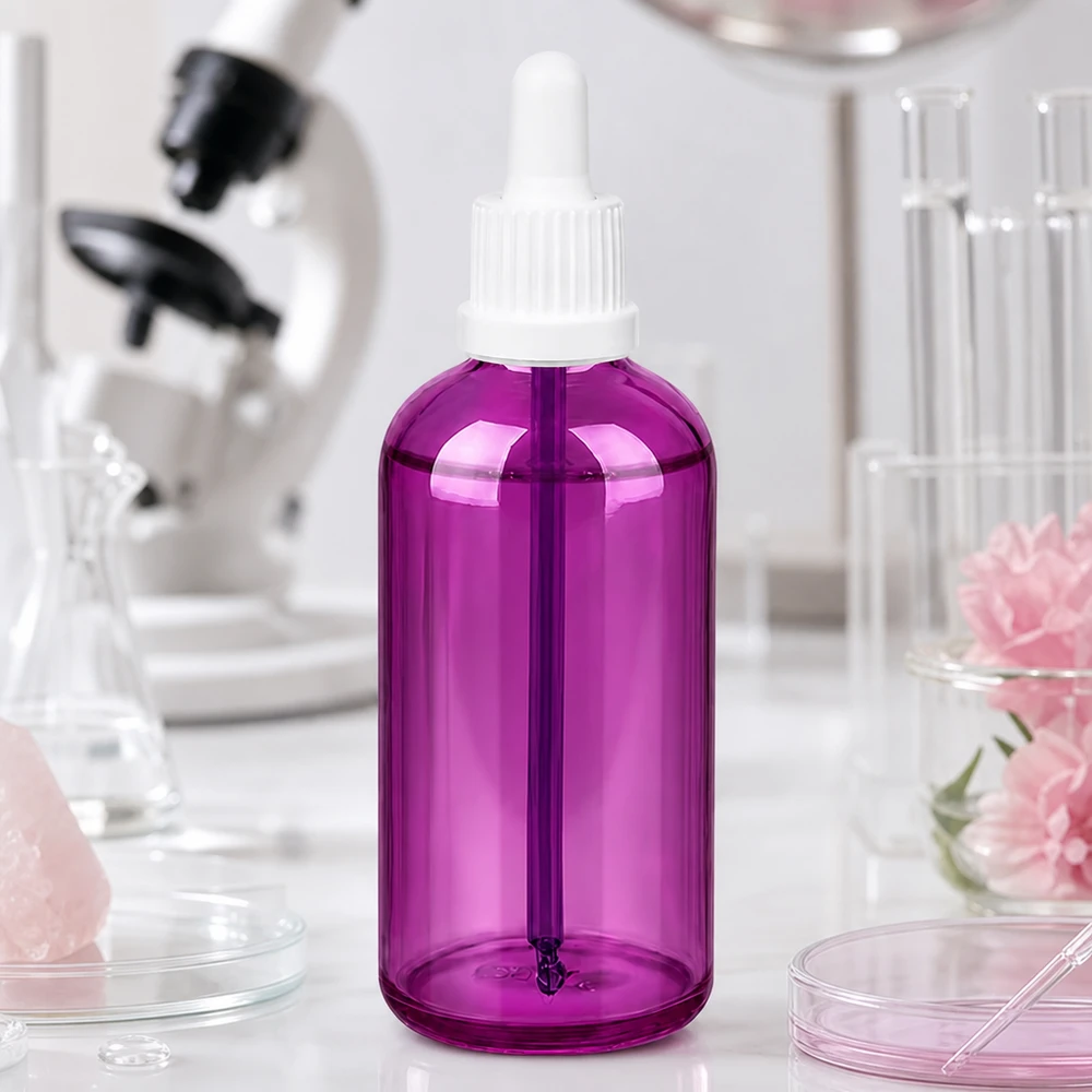 Flacone contagocce compatto viola da 100 ml con coperchio bianco igienico per la conservazione sterile