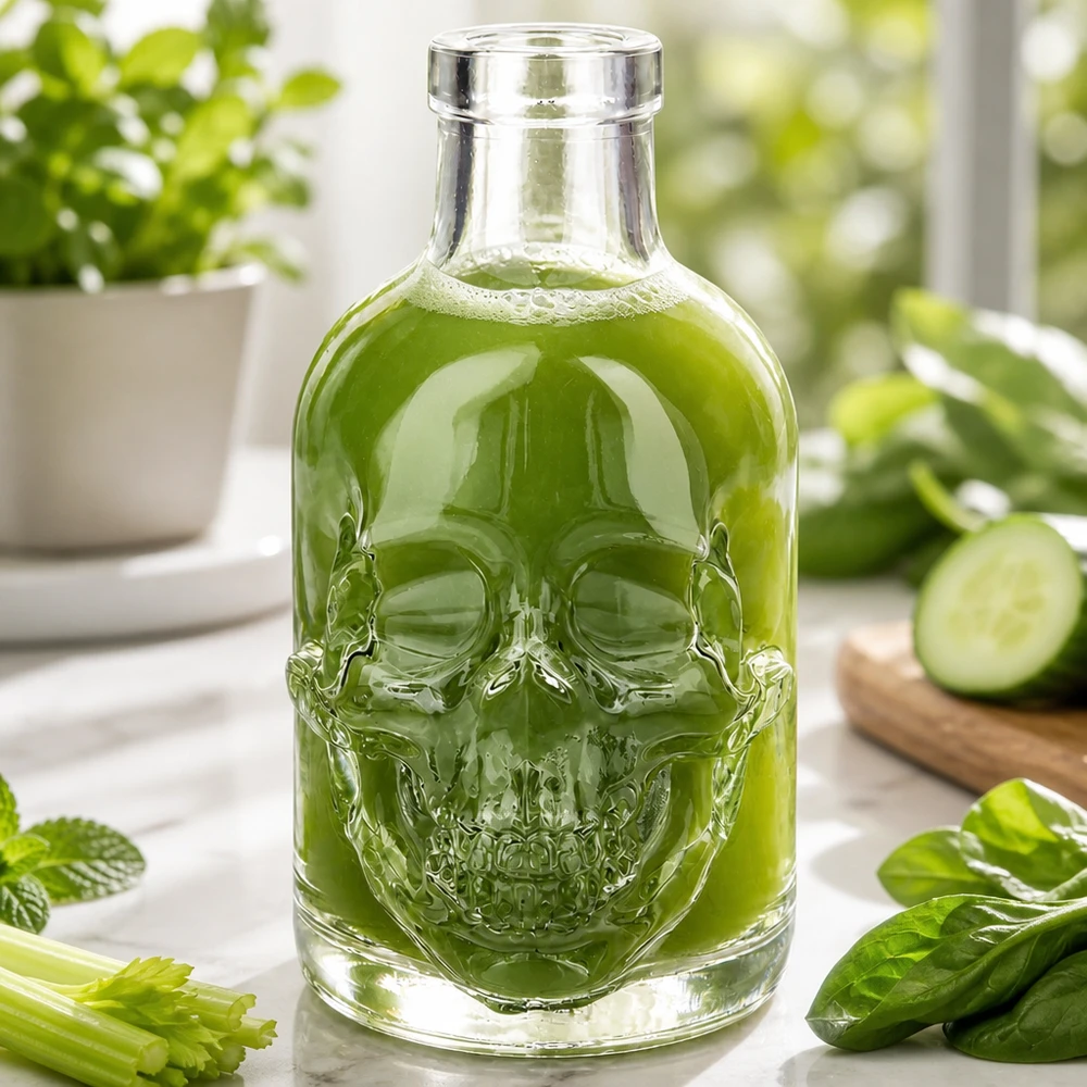 200ml Glasflasche "Jack" ohne Verschluss UNiTWIST Totenkopf Glasflasche Jack 200ml mit grünem Smoothie befüllt umgeben von frischem Gemüse und Kräutern UNiTWIST