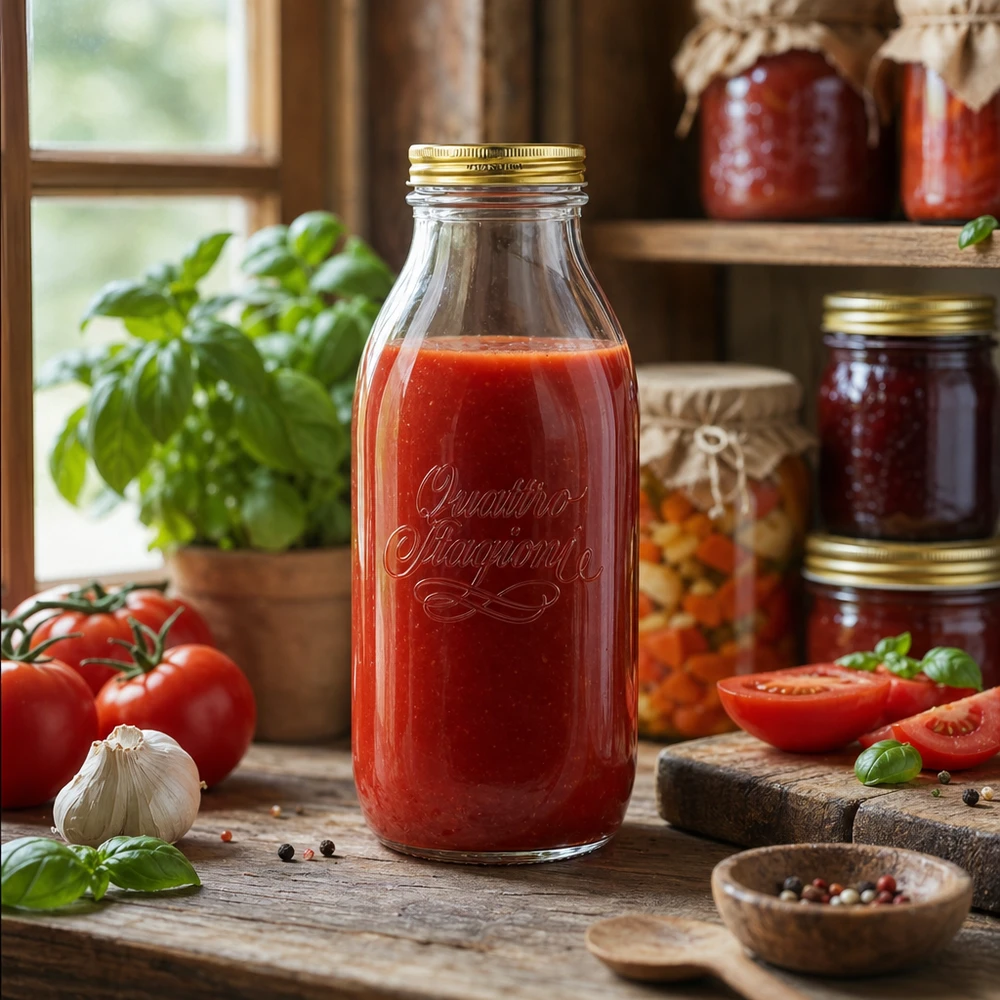 Bottiglia in vetro da 1000ml "Quattro Stagioni" con coperchio Quattro Stagioni 1000ml bottiglia di vetro riempita con salsa di pomodoro in cucina rustica con pomodori freschi ed erbe aromatiche