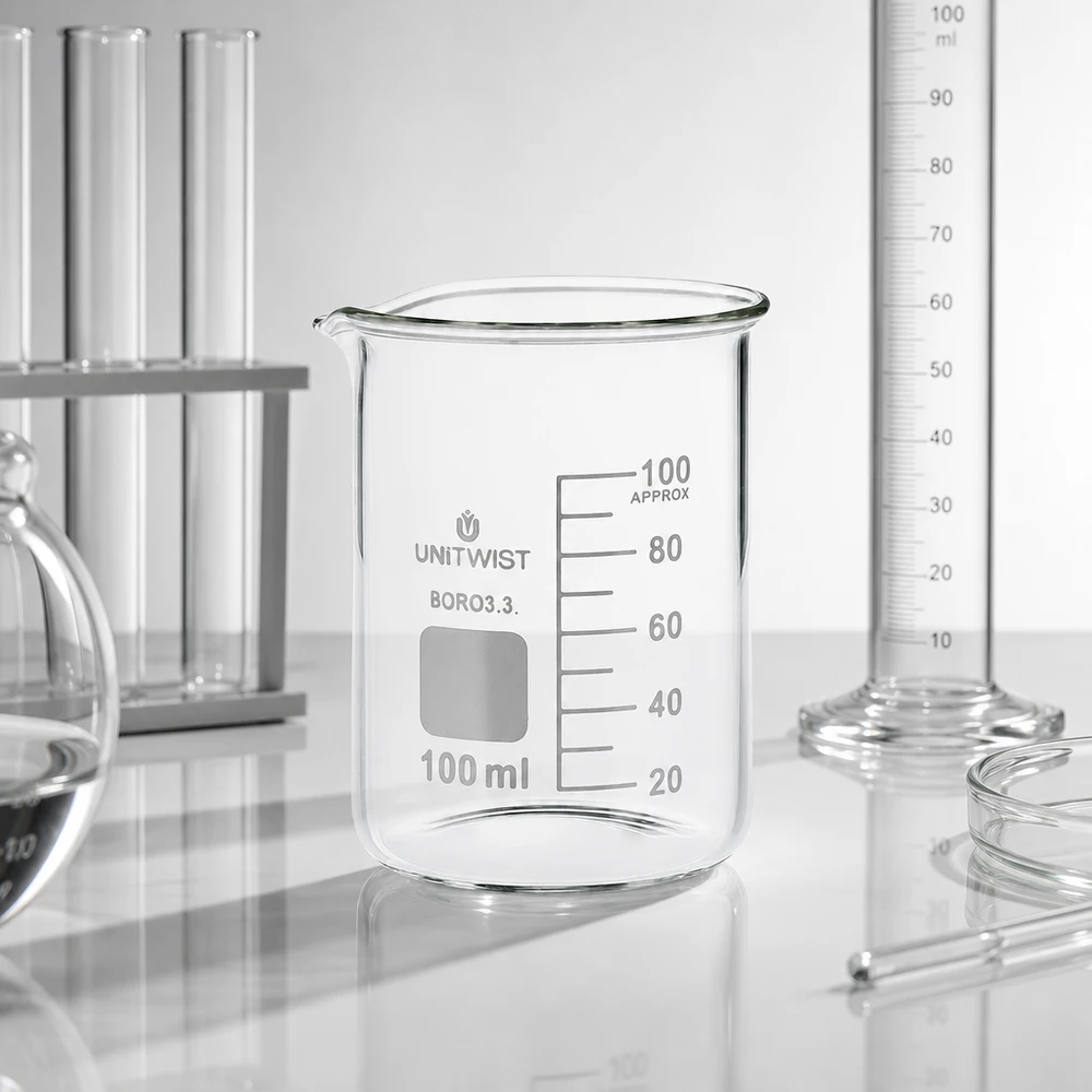 Bicchiere 100ml borosilicato, stampo basso UNiTWIST Becher vuoto da 100 ml in borosilicato 3.3, forma bassa, con scala in millilitri, per uso di laboratorio