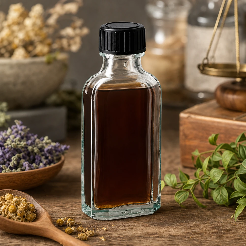 Tappo a vite trasparente Meplat da 50 ml con disco di tenuta LKD Flacone di vetro rettangolare trasparente da 50 ml con disco sigillante LKD tra erbe medicinali essiccate