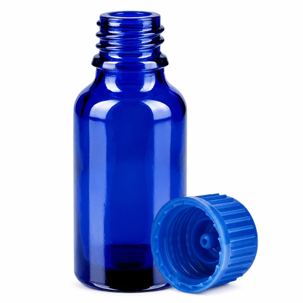 Piccola bottiglia da laboratorio da 20 ml in vetro blu con tappo a prova di bambino per l'aromaterapia