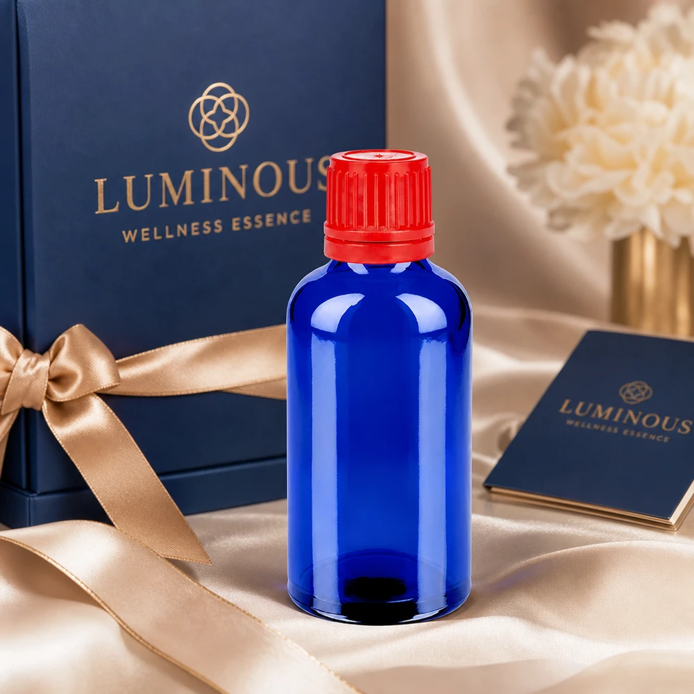 Elegante flacone da 50 ml blu trasparente con tappo rosso SV 11 mm OV BlueLine UT18/50