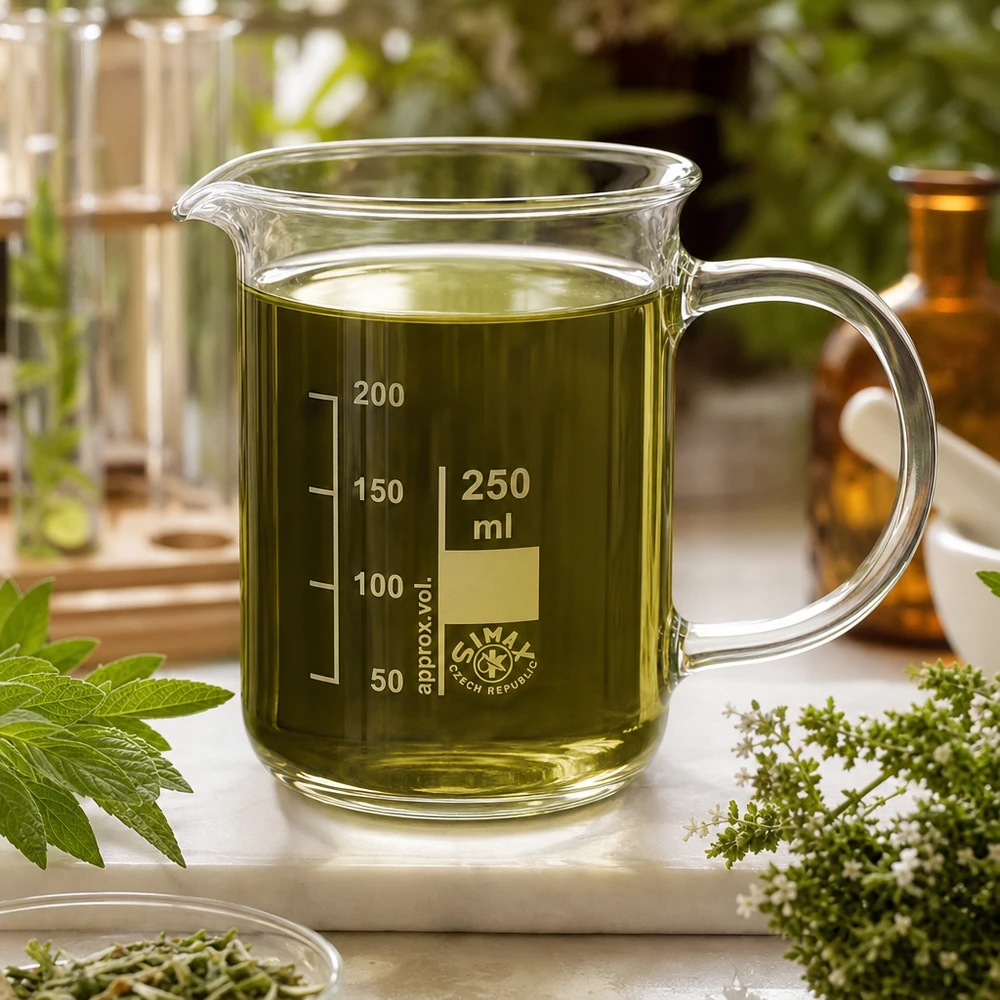 Bicchiere da laboratorio da 250 ml con manico, contenente un estratto di erbe verdi accanto a erbe medicinali fresche