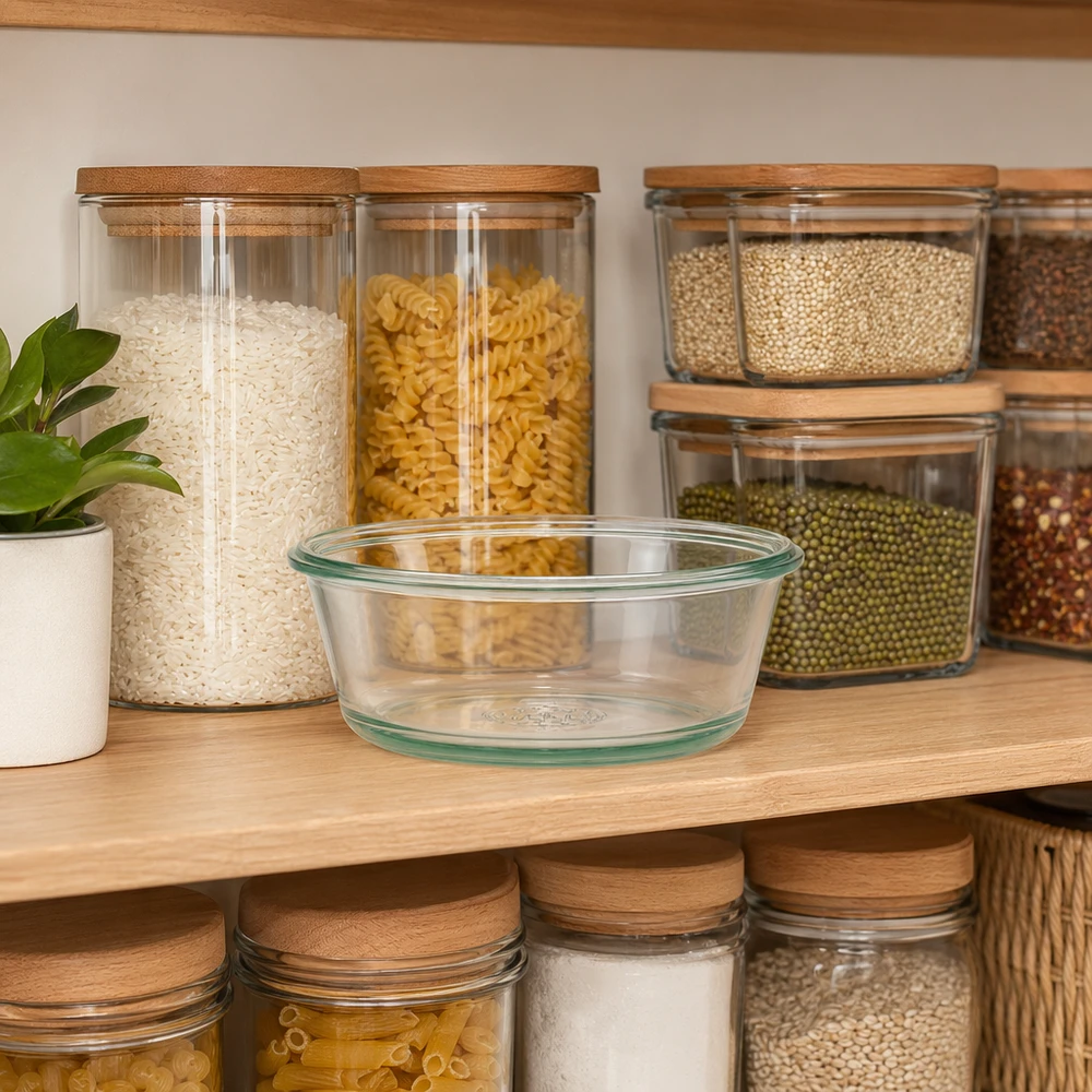 WECK Gourmetglas 300ml RR120 in organisierter Vorratsschrank-Szene mit Vorratsgläsern und Gewürzen zeigt praktische Aufb