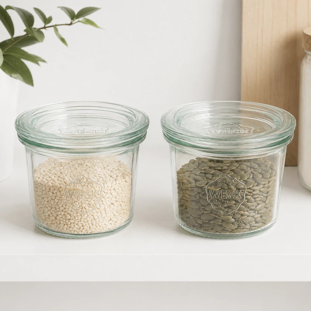 WECK Sturzglas 80ml RR60 mit Linsen und Reis gefüllt zeigt praktische Aufbewahrung von Hülsenfrüchten und Getreide