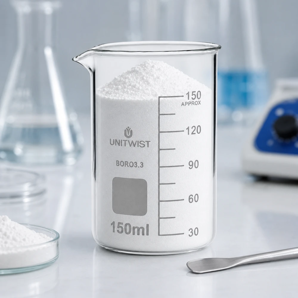 Bicchiere 150ml in borosilicato, forma alta UNITWIST Vaso di vetro UNITWIST da 150 ml, forma alta, in borosilicato, riempito di polvere bianca su un banco da lavoro di laboratorio