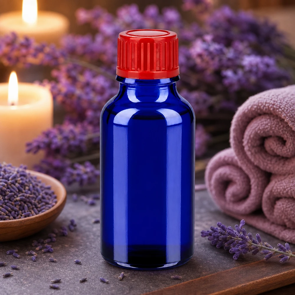Flacone professionale da 20 ml in vetro blu scuro con tappo a vite ergonomico rosso
