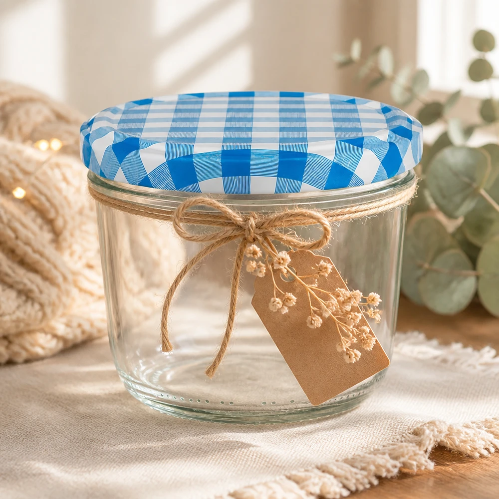 Bicchieri da 230 ml con coperchio BasicSeal blu e bianco, decorati con spago di iuta e cartellino in carta kraft come confezione regalo.