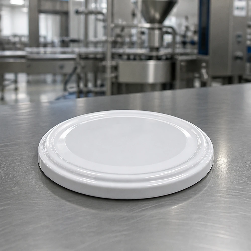82mm BioSeal Deckel weiß (TO82) UNiTWIST UNiTWIST TO82 runder weisser Metalldeckel 82mm BPA-NI unitemp Produktionshalle