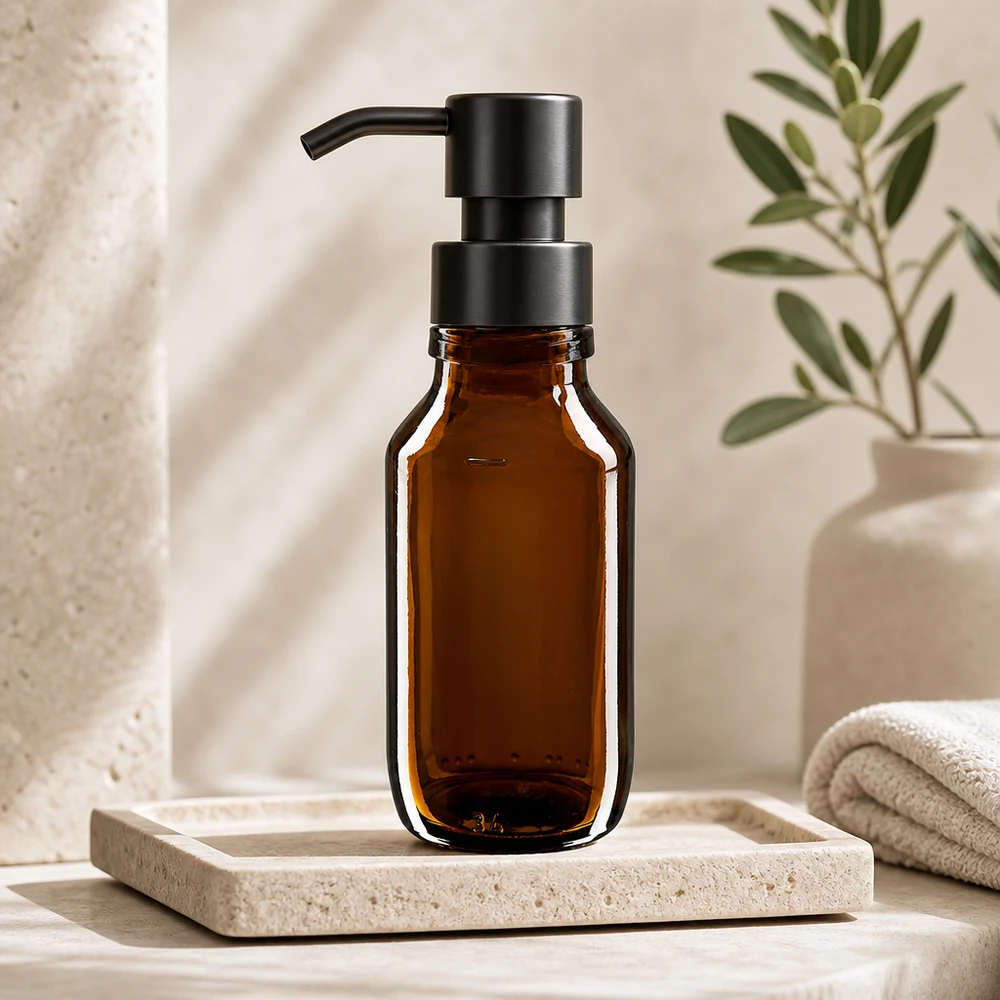 Flacone in vetro marrone da 50 ml con dosatore a pompa nero per cosmetici e trattamenti della pelle ApoGlas PP28
