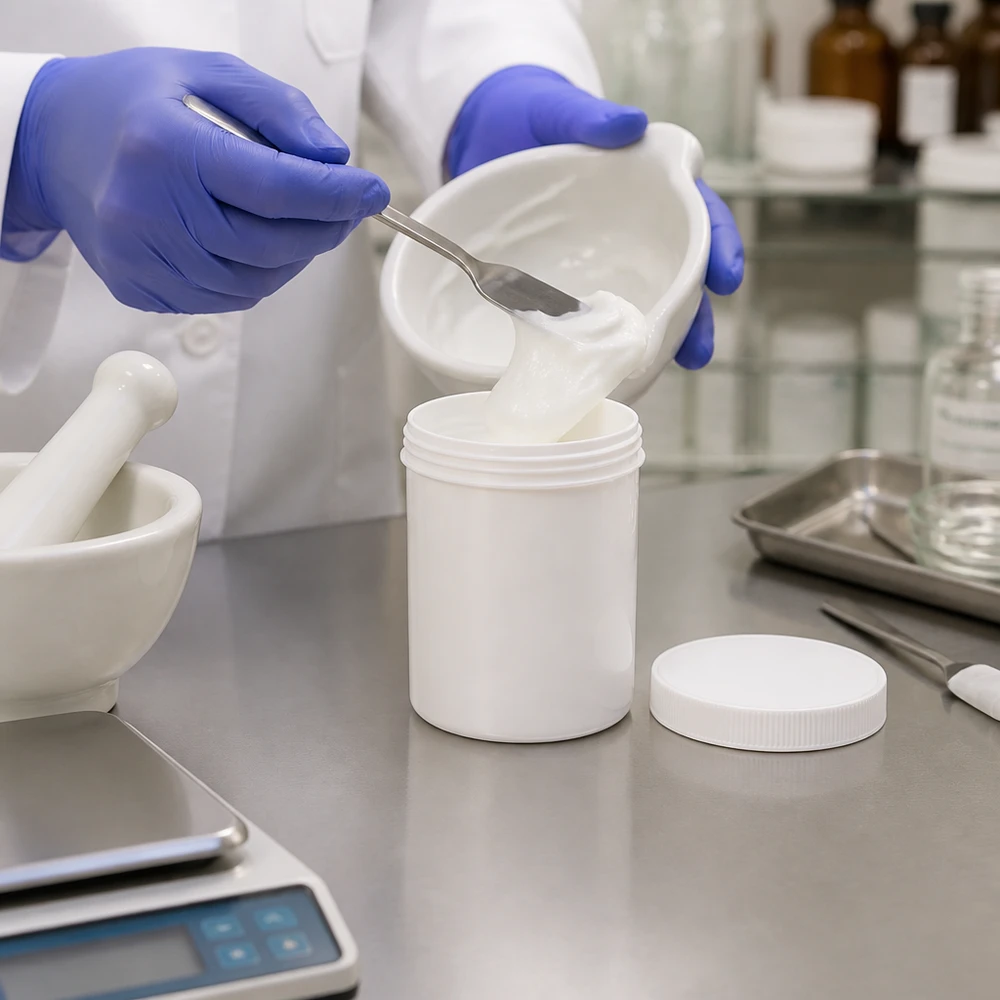 Préparation d'une formule personnalisée dans un pot en PP blanc de 75 g muni d'un bouchon à vis, en pharmacie