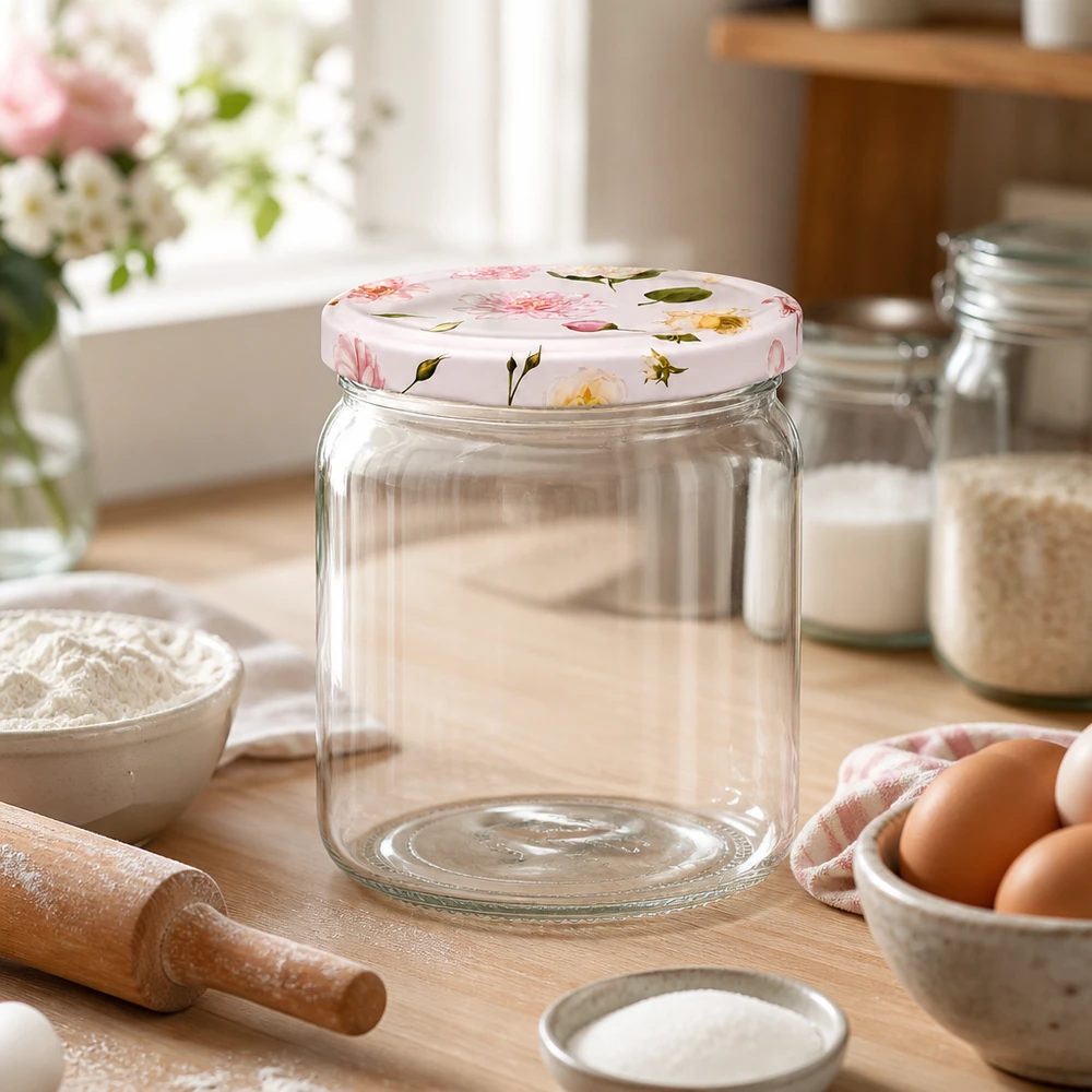 408ml Rundglas + BasicSeal Deckel Blume rosa UNiTWIST 408ml Rundglas rosa Blumendeckel BasicSeal Küchenambiente Backzutaten Eier Mehl Nudelholz Vorratsglas Küchendeko