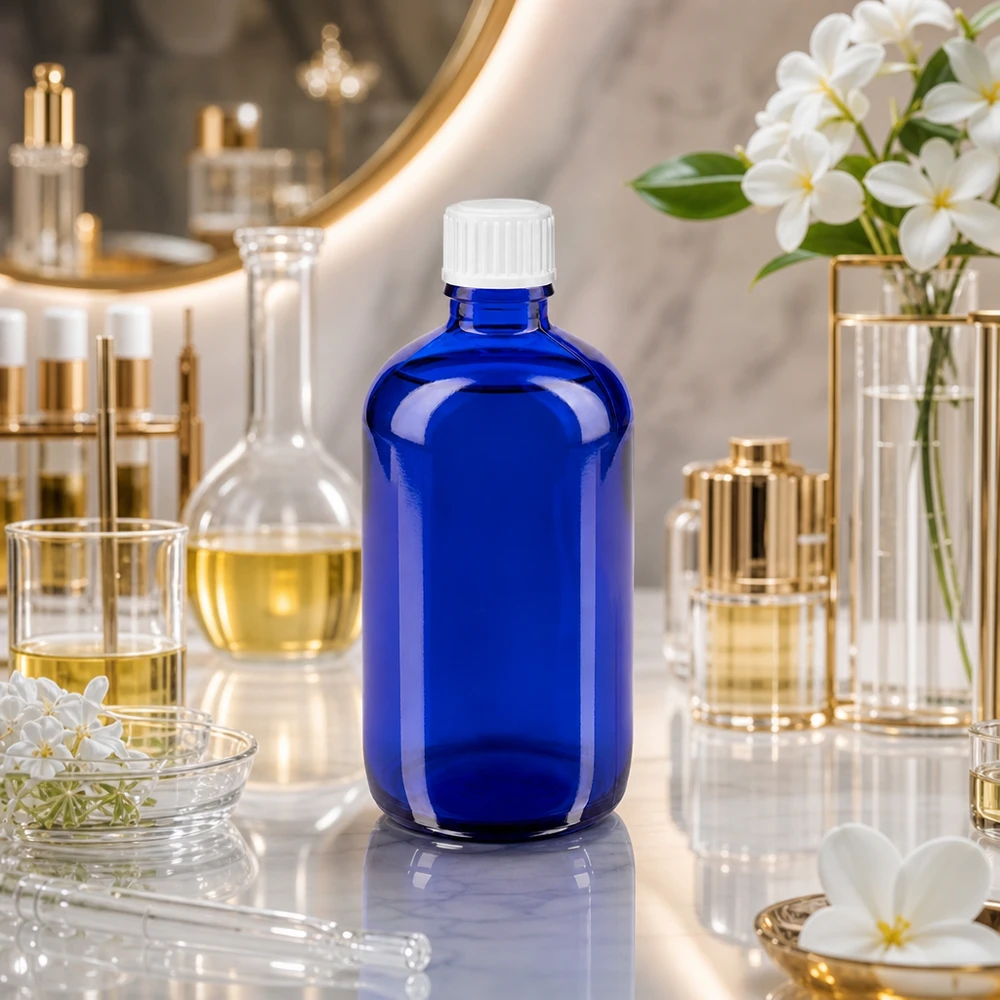 Apothekenflasche blau 100ml Schraubverschluss weiß Standard Kobaltblaues Apothekerflacon 100ml weißer Schraubverschluss zwischen Parfumflakons
