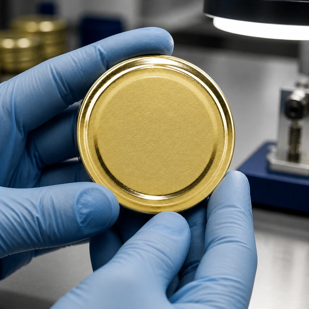 Unterseite goldener Metalldeckel TO43 43mm UNiTWIST BioSeal BPA-NI unitemp Nahaufnahme