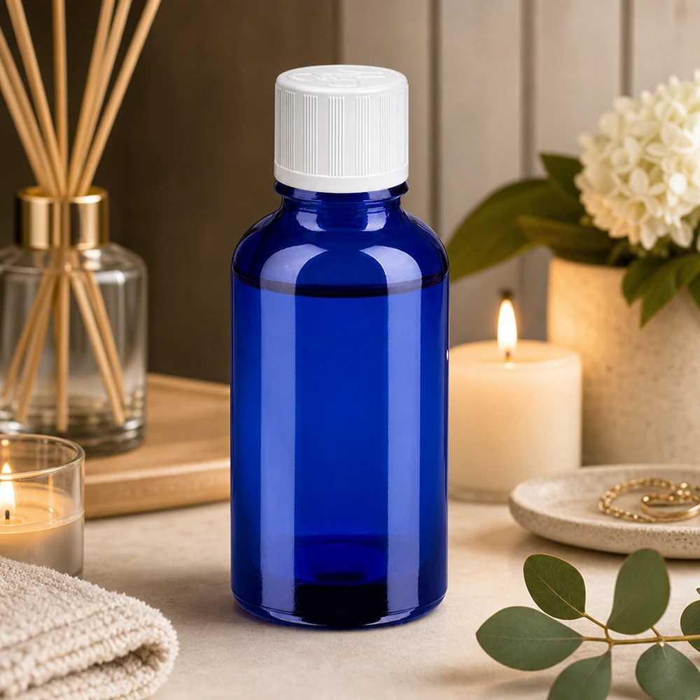 Piccolo flacone dosatore da 30 ml in vetro blu di alta qualità per una porzionatura precisa